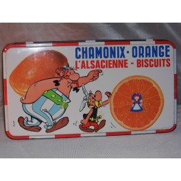 Boite ASTERIX publicitaire ancienne 1967 ASTERIX OBELIX Alsacienne biscuits CHAMONIX vintage