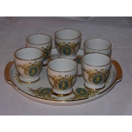 6 Coquetiers porcelaine Louis XVI + Plateau signé chérubins anges