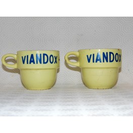 2 anciennes tasses  VIANDOX mug publicitaires estaminet années 60 lettrages bleu bistro ancien
